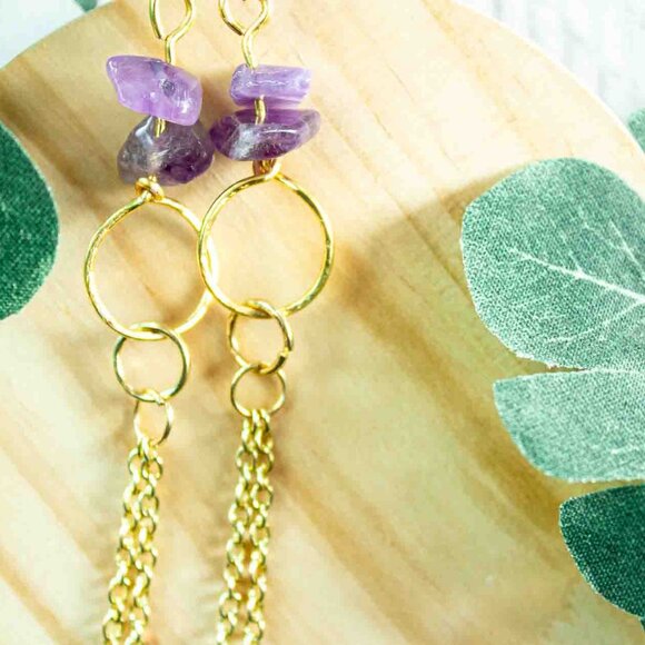 Amethyst Chip Earrings with 14k Gold Dangle Chain and Gold Hoop Drop - Picture 12 of 15